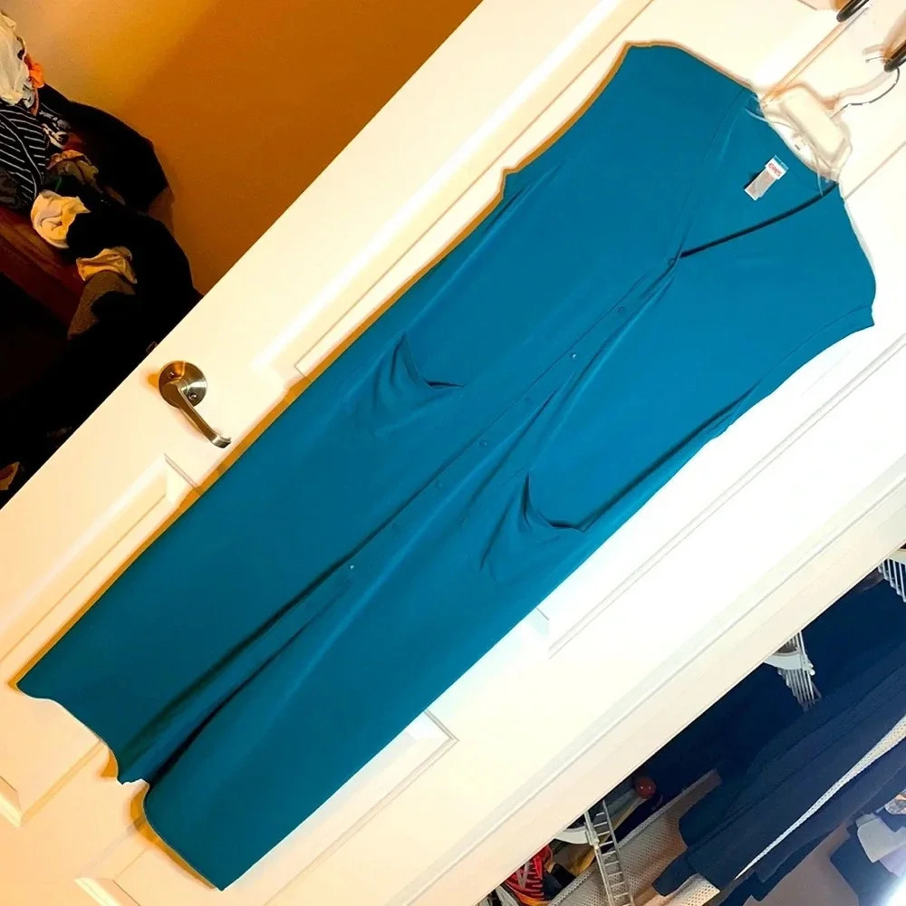 EUC ERES womens teal sleeveless snap front cover up dress sz Medium